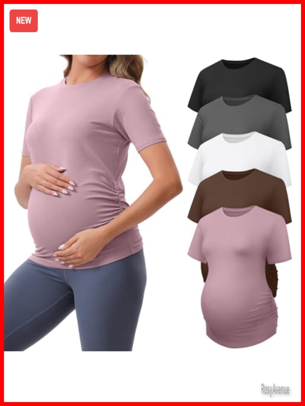 Maternity Short Sleeve Crew Neck 5-Pack T-Shirts Side Ruched